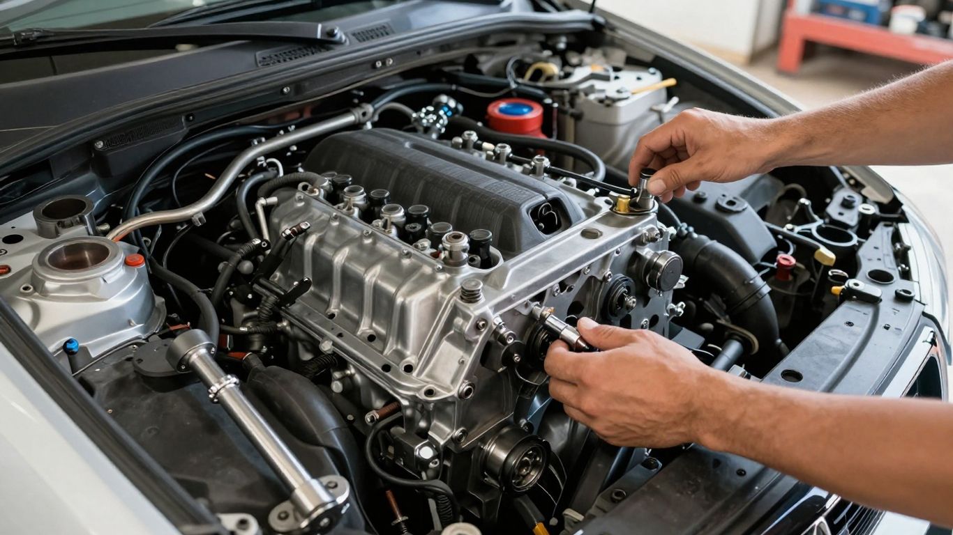 Mechanic inspecting a car engine in a garage.