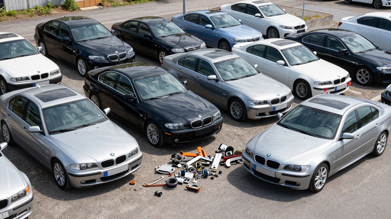 BMW cars from different years in a scrapyard