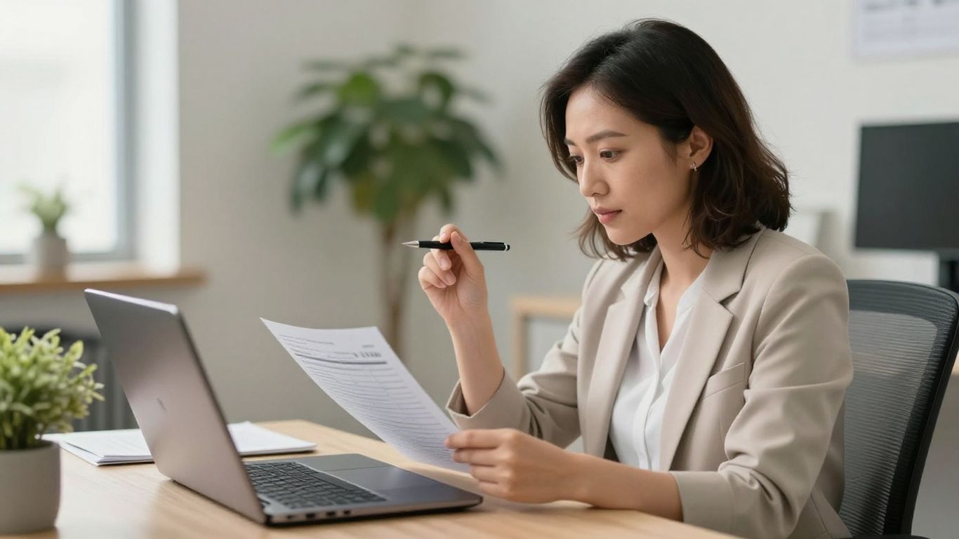 Practice manager reviewing billing reports at desk