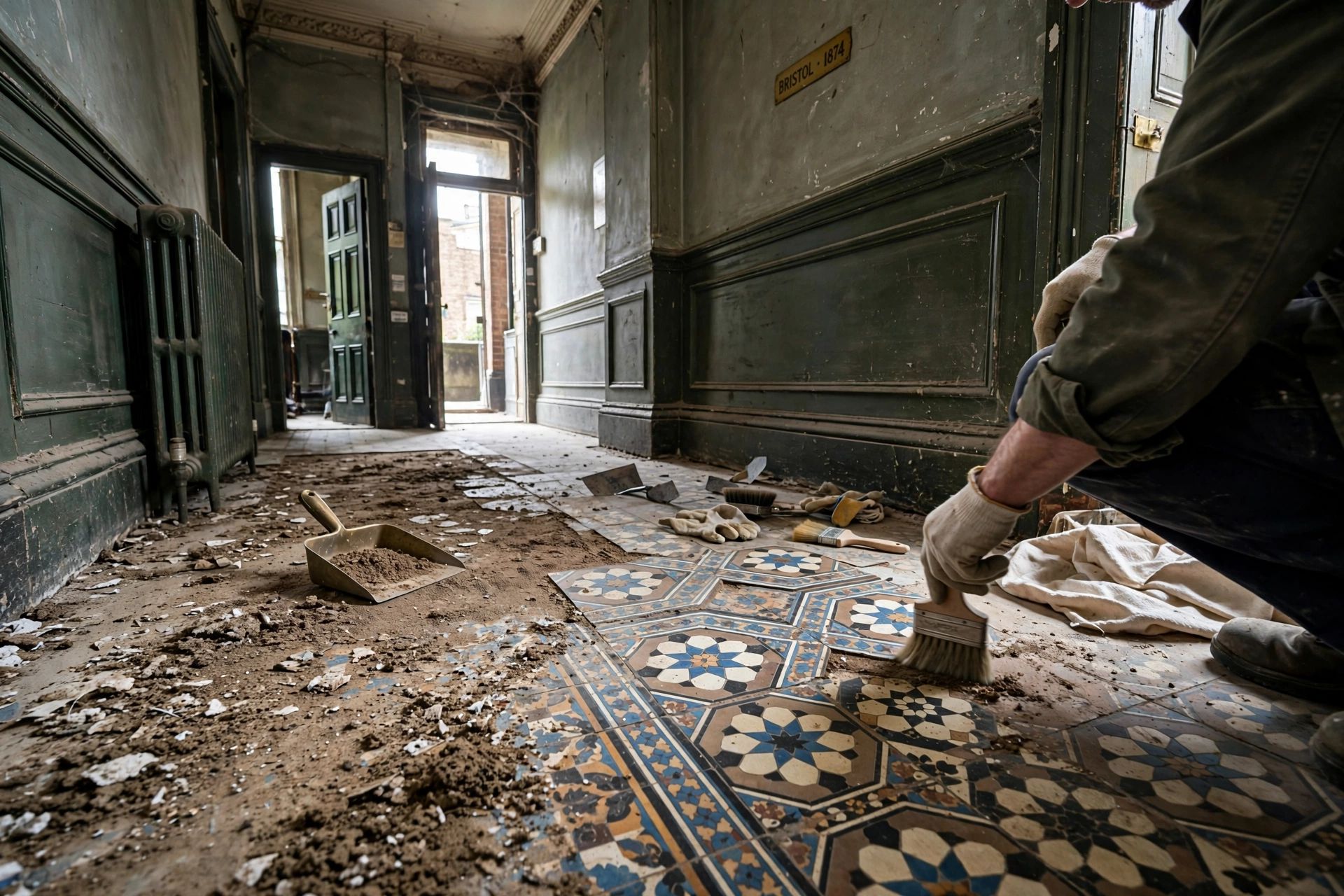 Original Victorian and Minton-style tiles being carefully uncovered in a Bristol period hallway