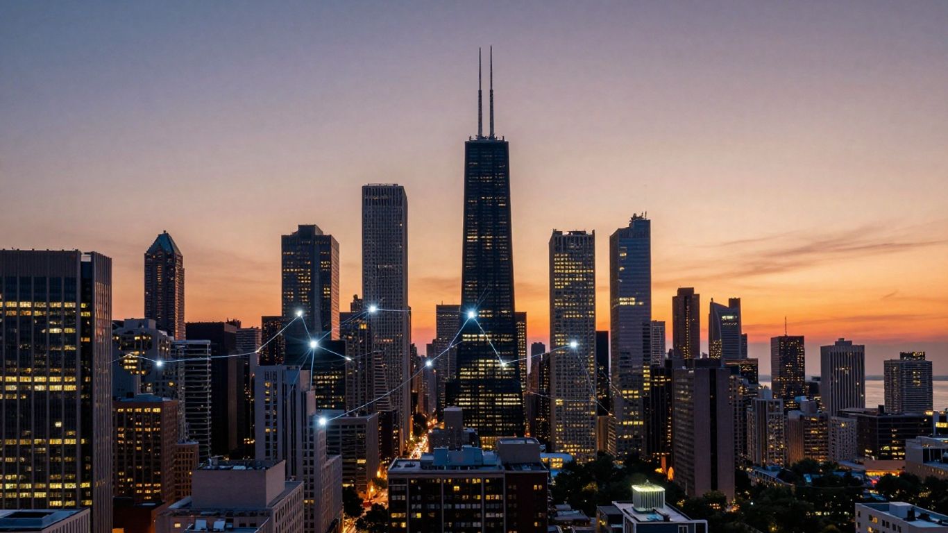 Chicago skyline with digital connections and spotlight.