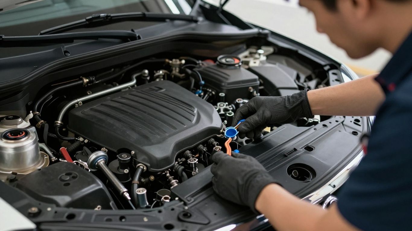 Technician checking engine oil in Mercedes