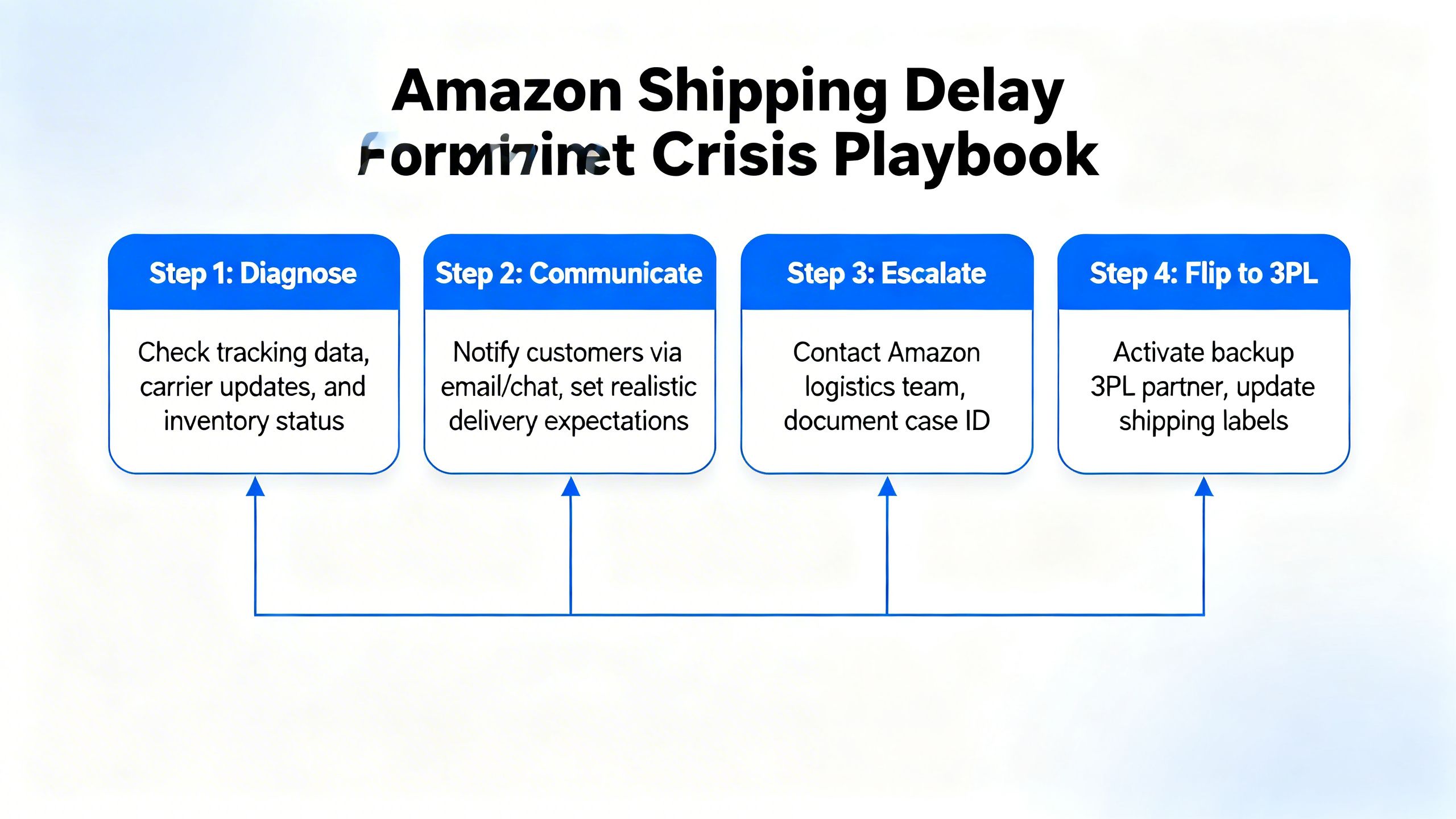 A flowchart illustrating a crisis playbook for Amazon shipping delays, with steps like 'Diagnose,' 'Communicate,' 'Escalate,' and 'Flip to 3PL.' 