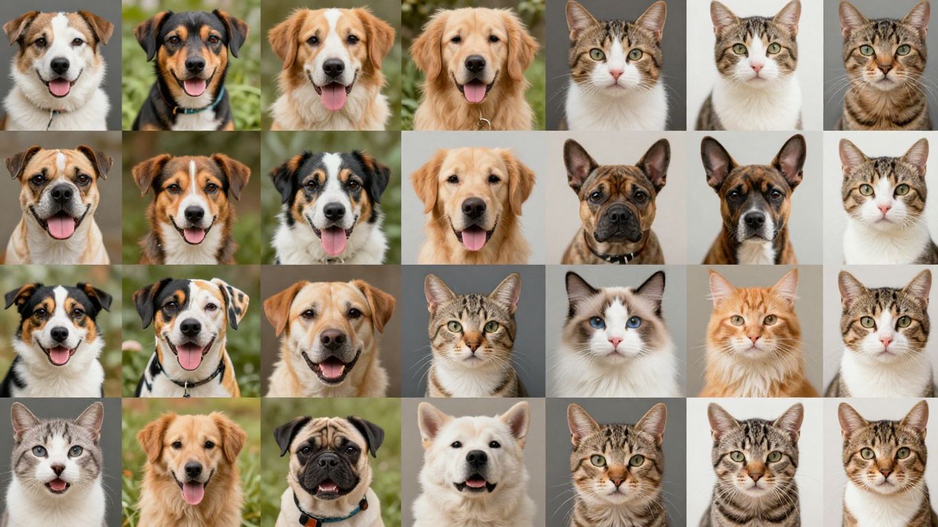 Diverse multi-pet portraits in various artistic styles.