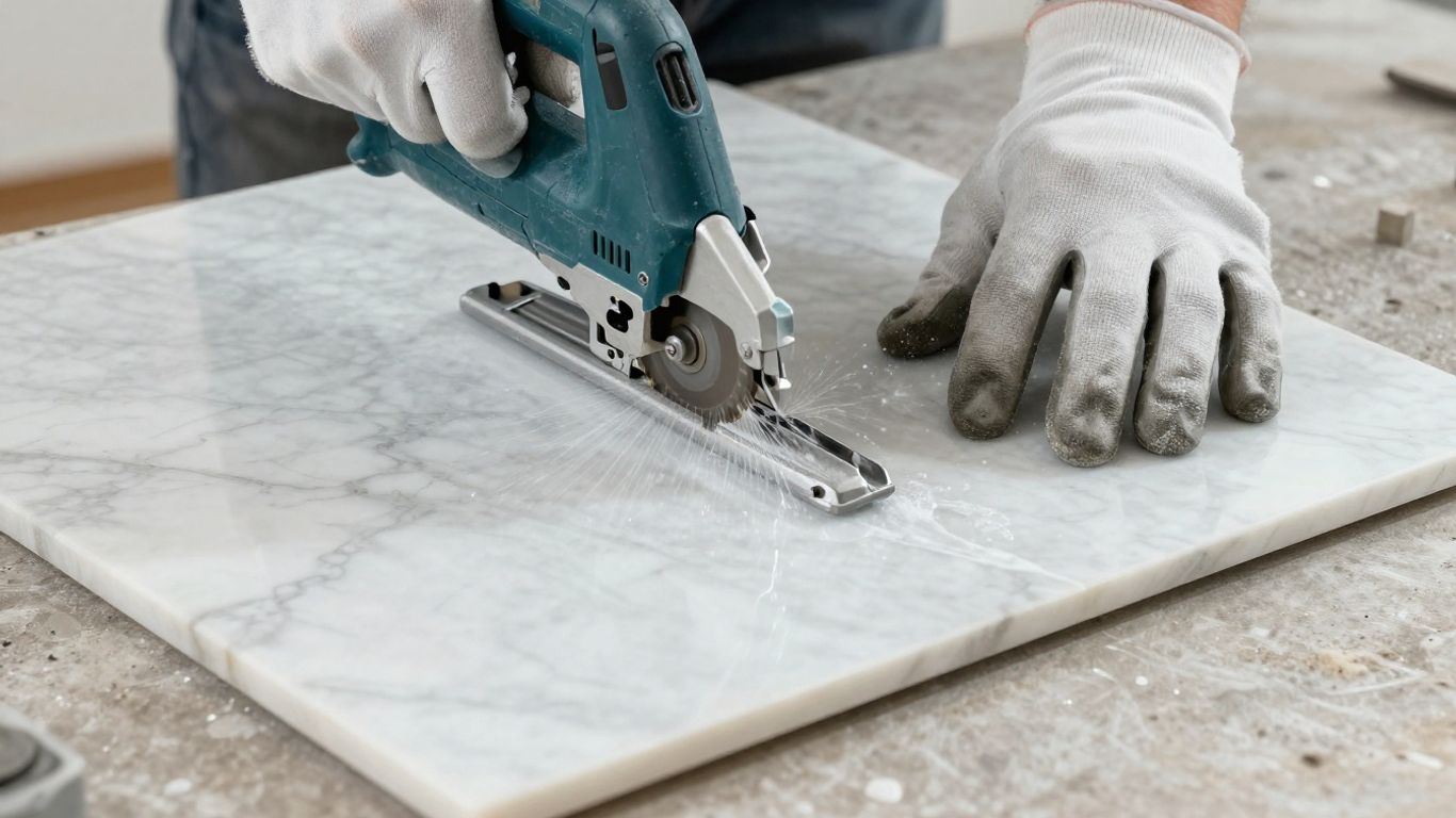 Sketch of cutting marble tile with wet saw.
