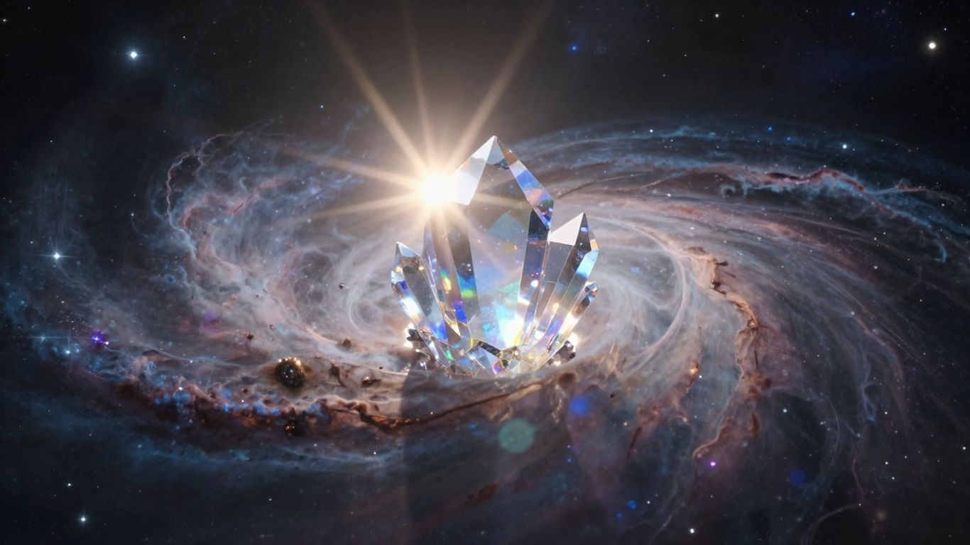 Celestial backdrop with sunbeam illuminating a crystal.