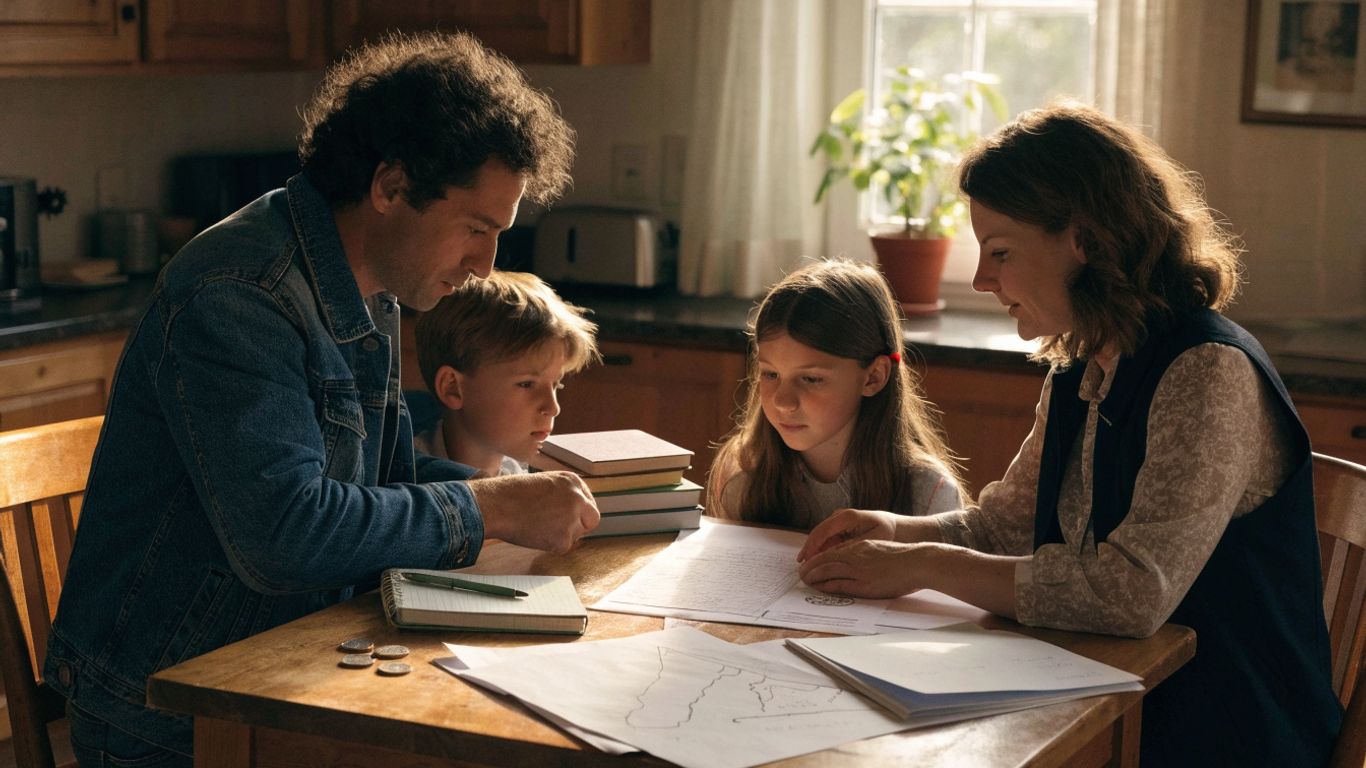 Parents and children reviewing a trip budget together