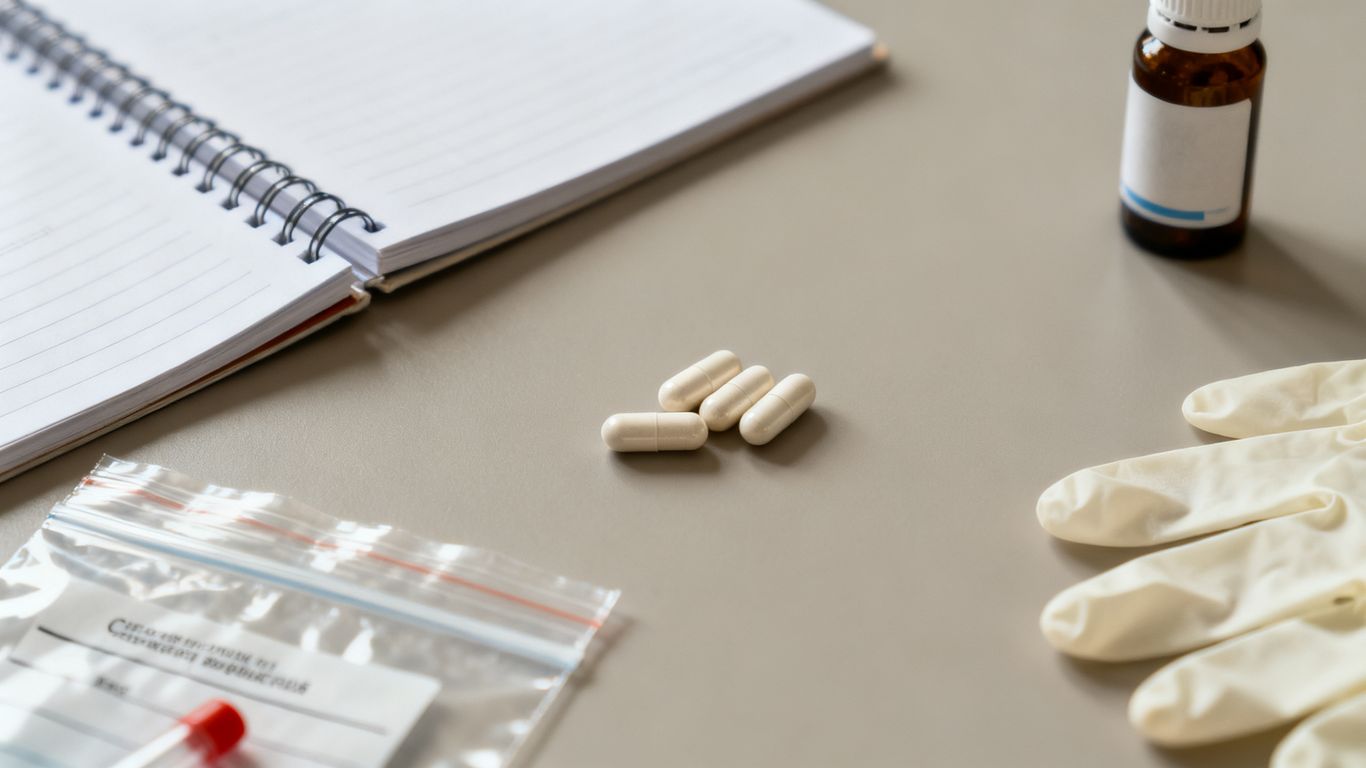 Unmarked capsules beside a clinician’s notebook