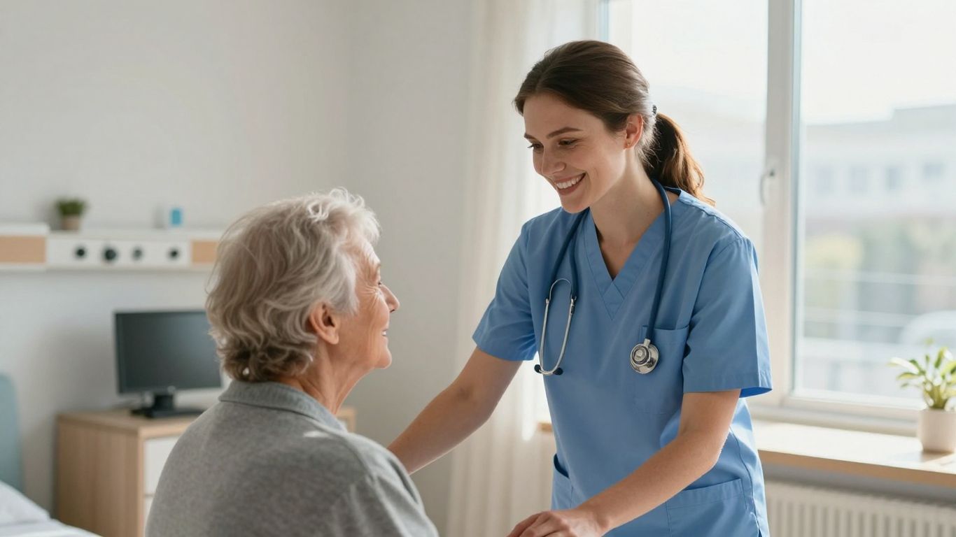 CNA helping an elderly patient in a healthcare setting.
