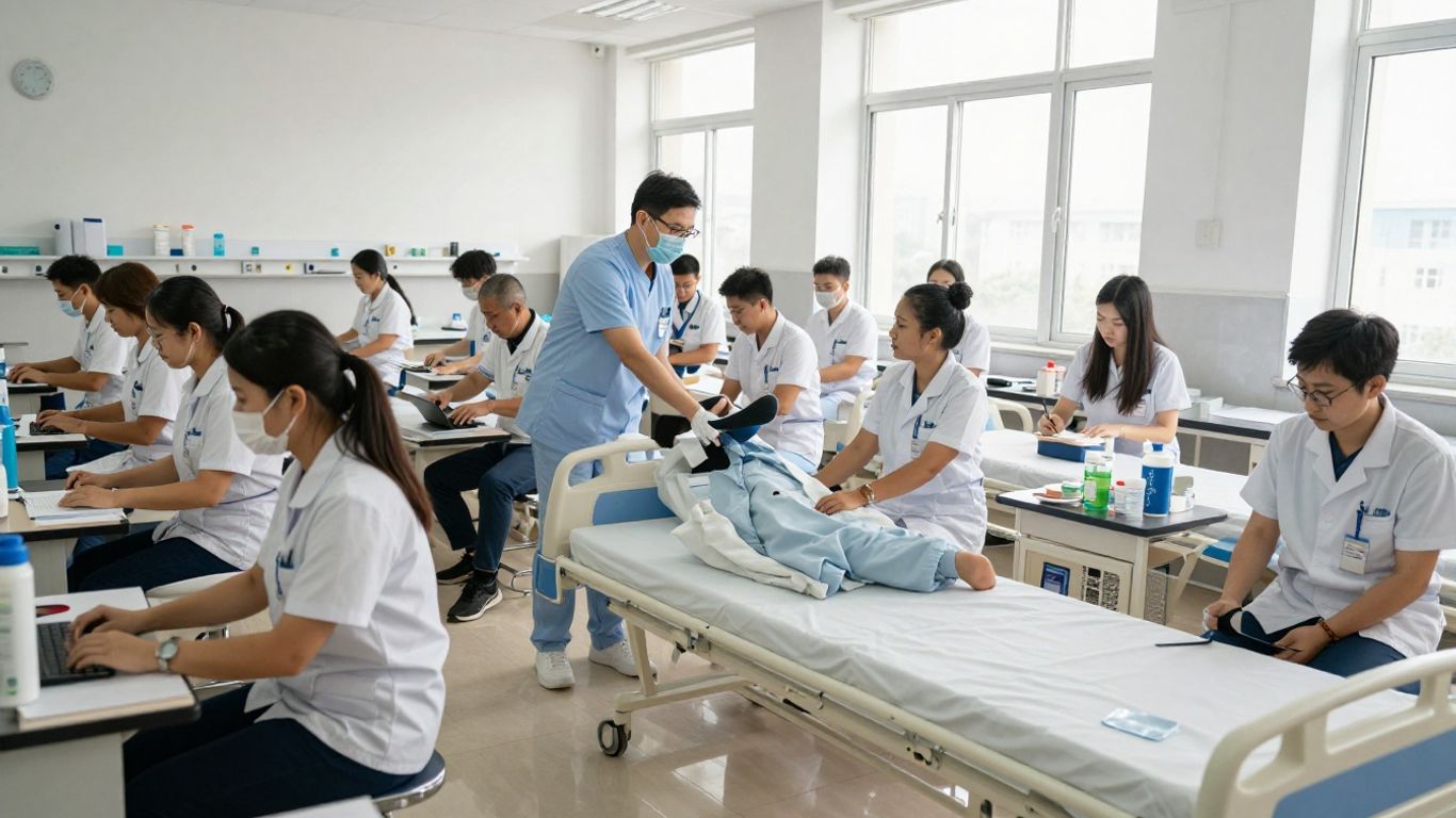 Students practicing patient care skills in a CNA lab