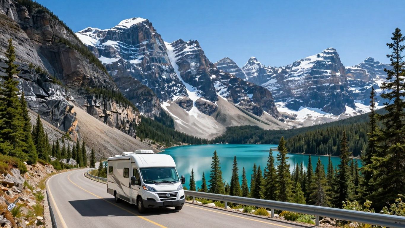 Motorhome driving scenic route in Canadian Rockies mountains.