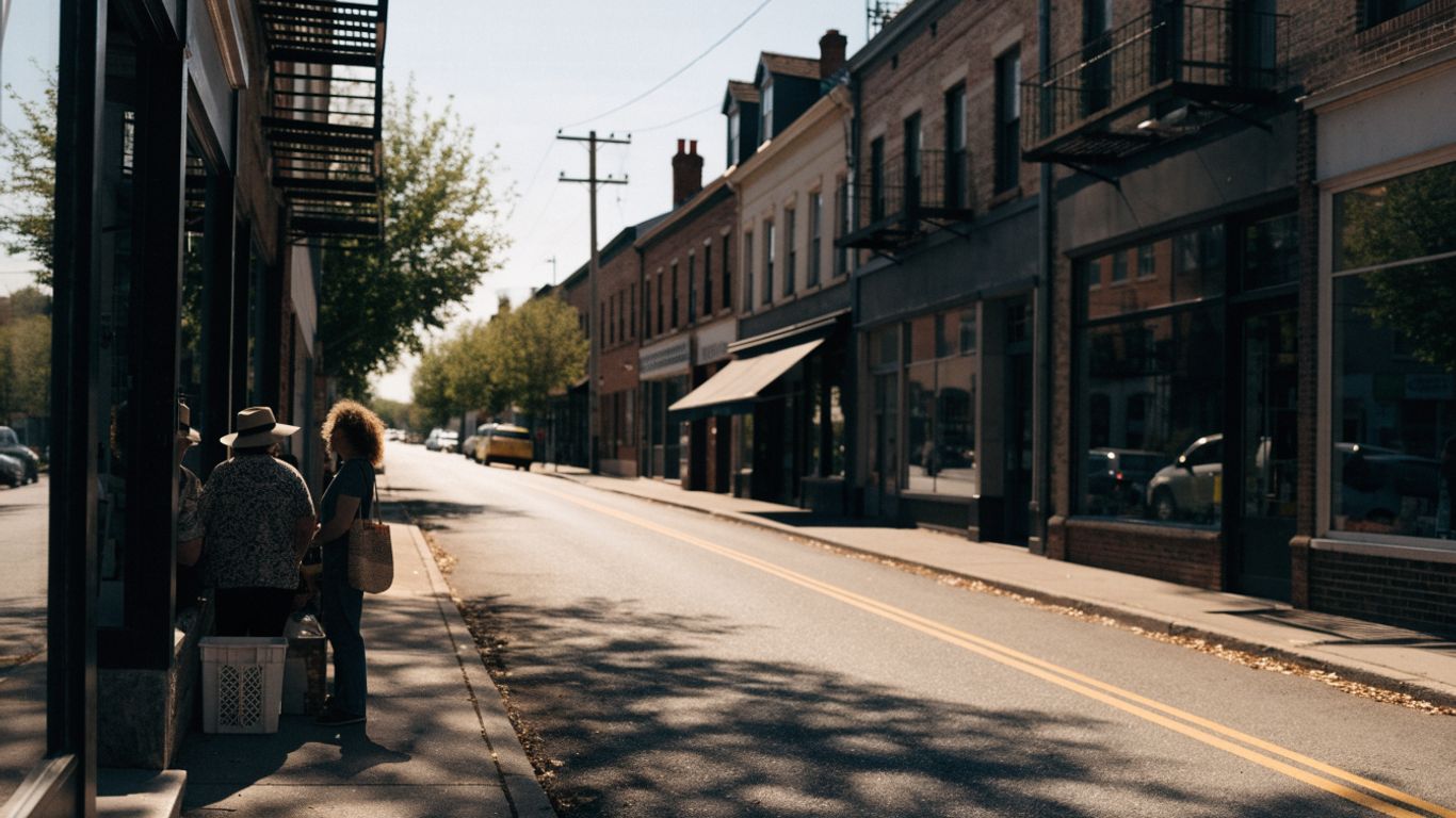 Neighbors visiting a lively independent shop on a main street