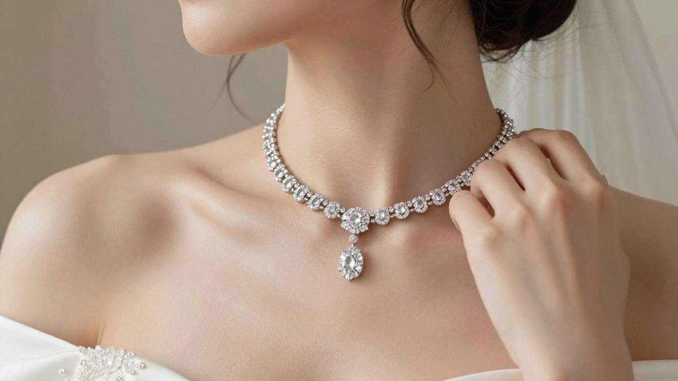 Bride adjusting her gold necklace