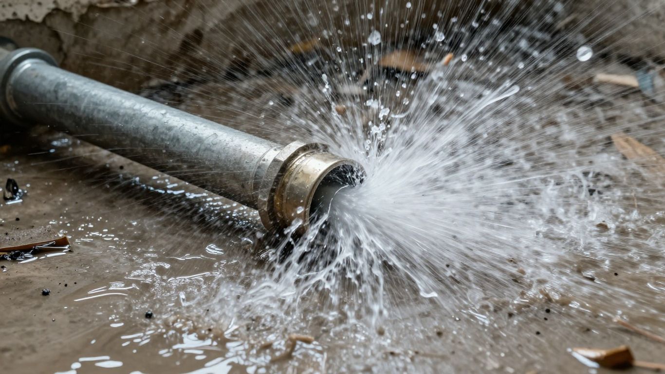 Burst pipe spraying water, causing water damage.