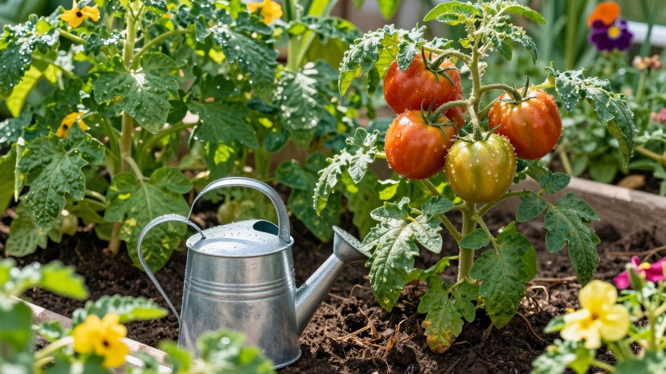 Gesunder Stadtgarten mit Pflanzen und Gießkanne