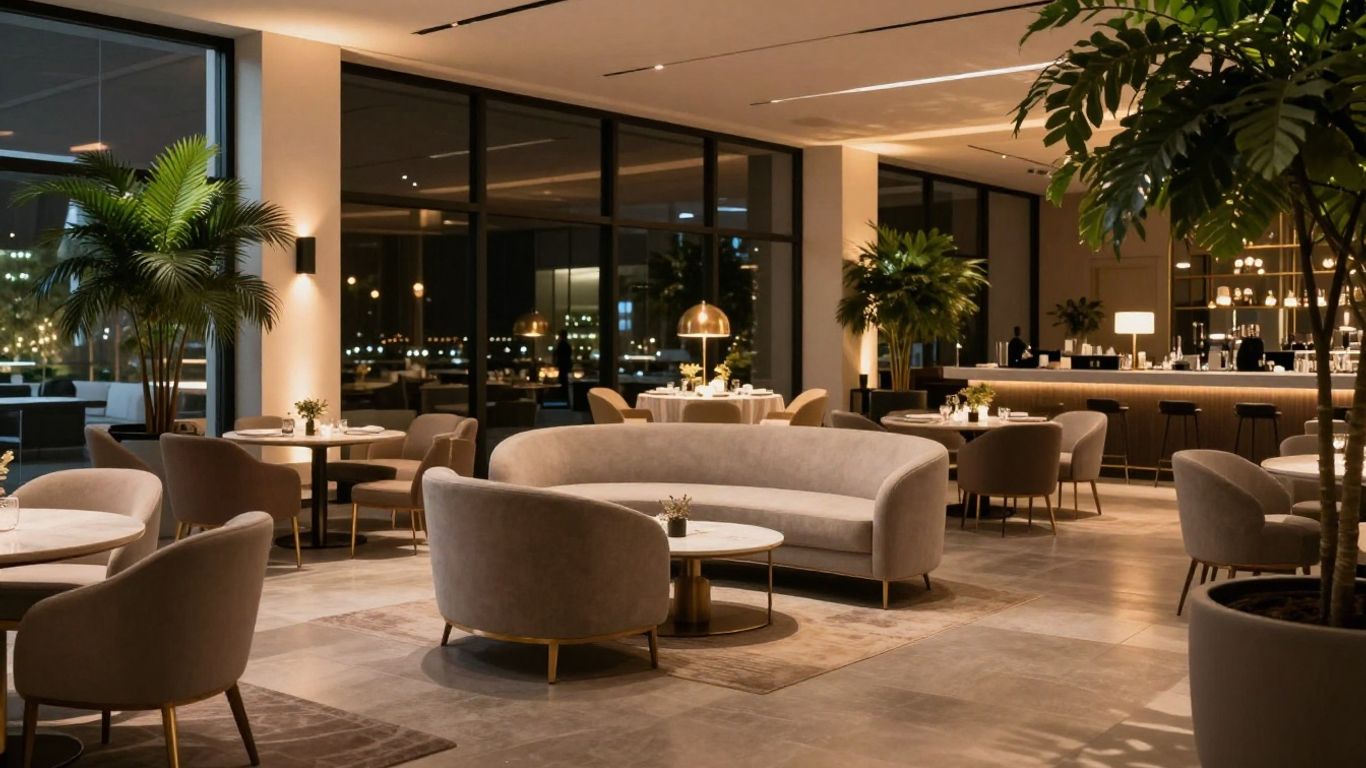 Modern Dallas event venue with elegant decor and lighting.