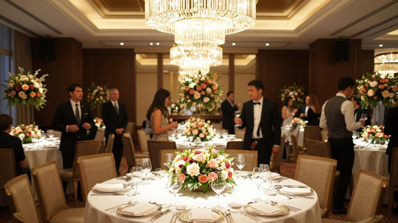 Elegant event venue interior with tables, flowers, and lighting.
