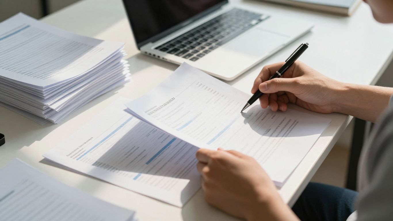 Small business owner reviewing financial documents for loan application.