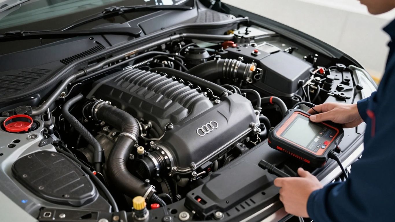 Audi engine bay with diagnostic scanner