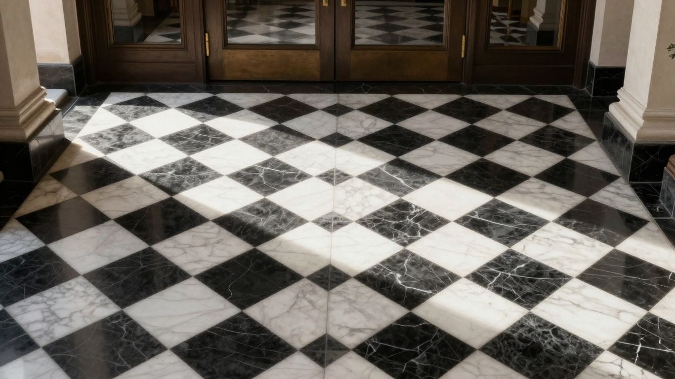 Checkerboard marble floor sketch in a grand entryway.