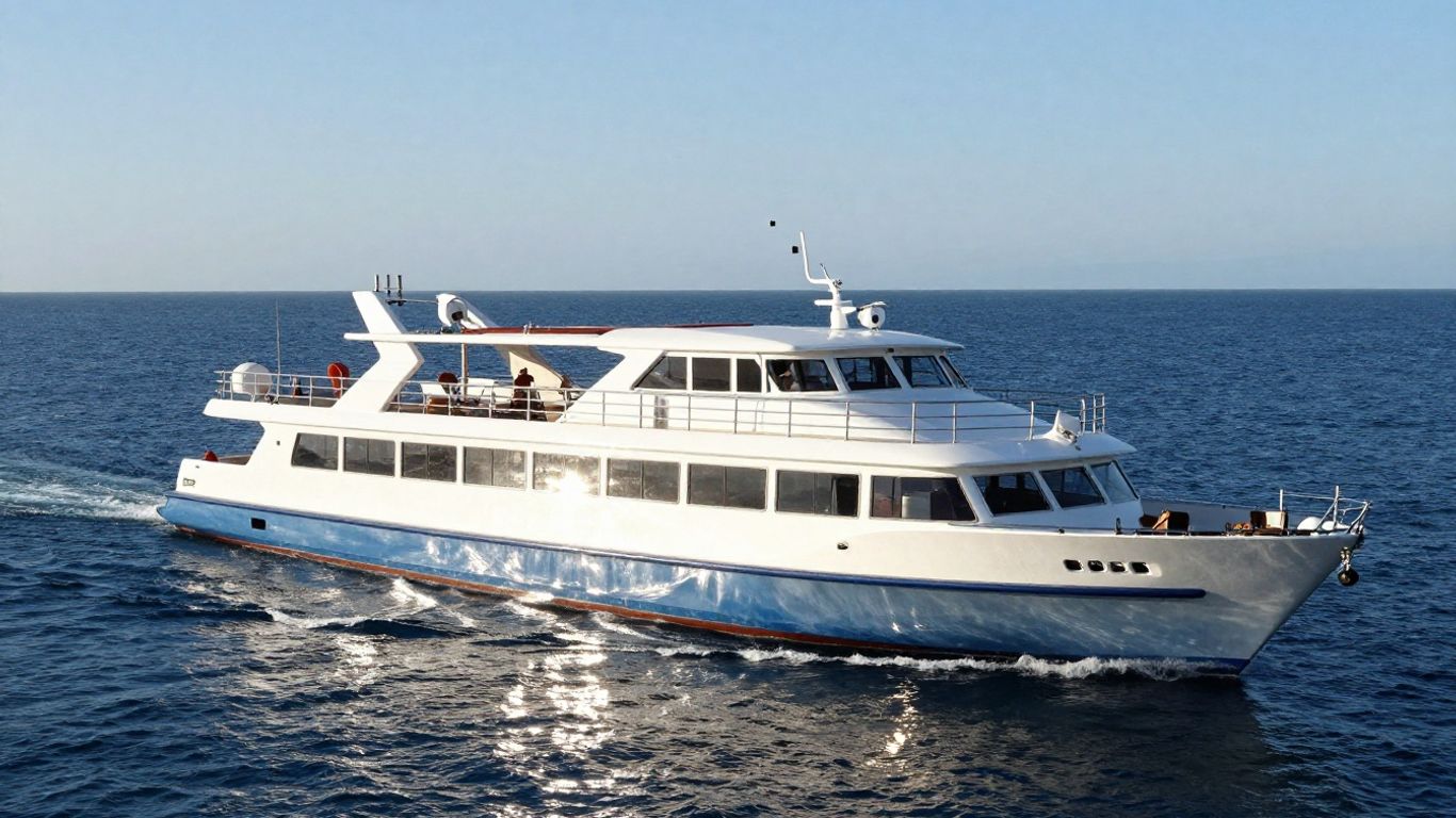 Large passenger boat sailing on blue water.