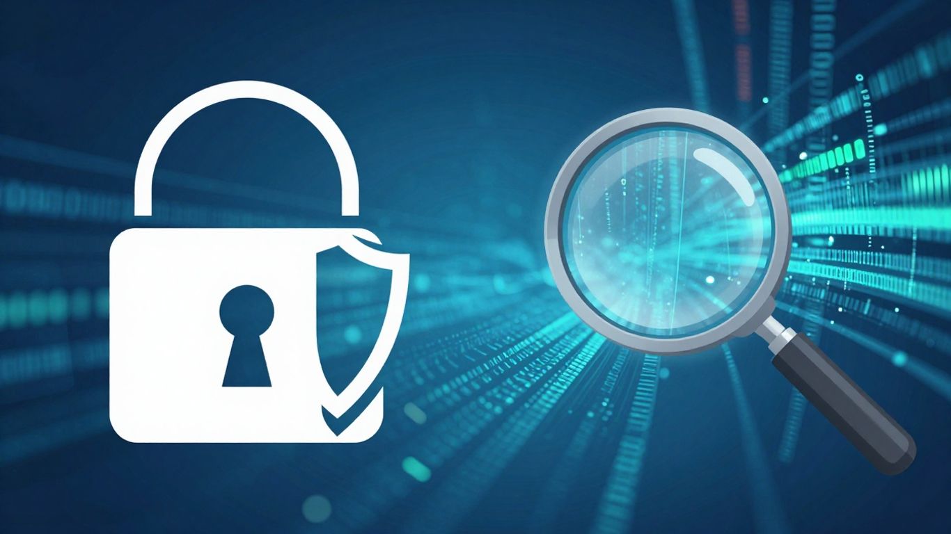 Cybersecurity icons: lock, shield, magnifying glass, data streams.