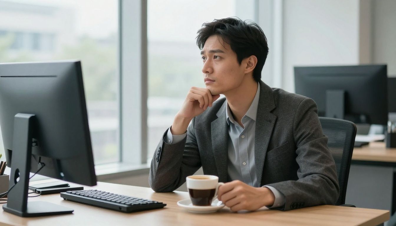 A man in his late 30s looking thoughtfully out an office window, contemplating his day, with a cup of coffee on his desk.