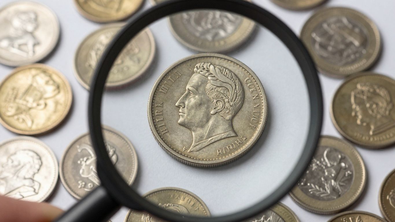 Magnifying glass over detailed coins