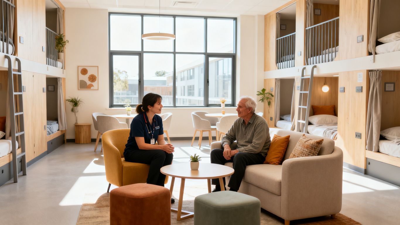 Trauma-informed staff supporting residents in a calm hostel.