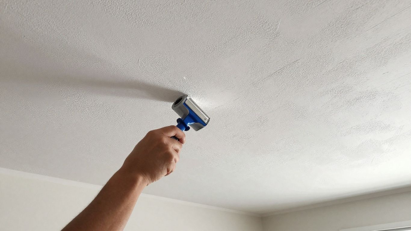 Painter applying ceiling texture with a sprayer.