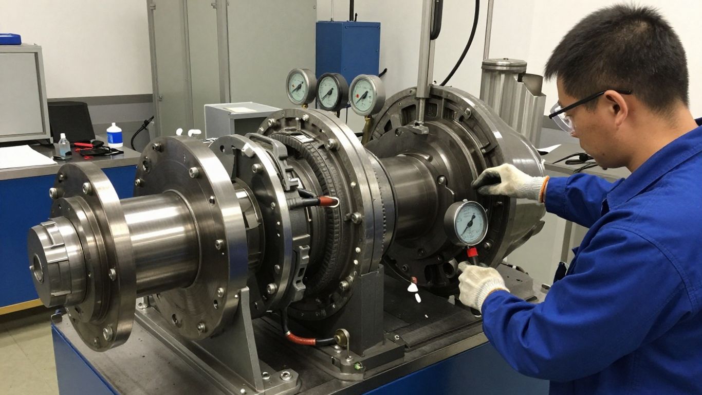 Technician preparing an industrial gearbox test bench