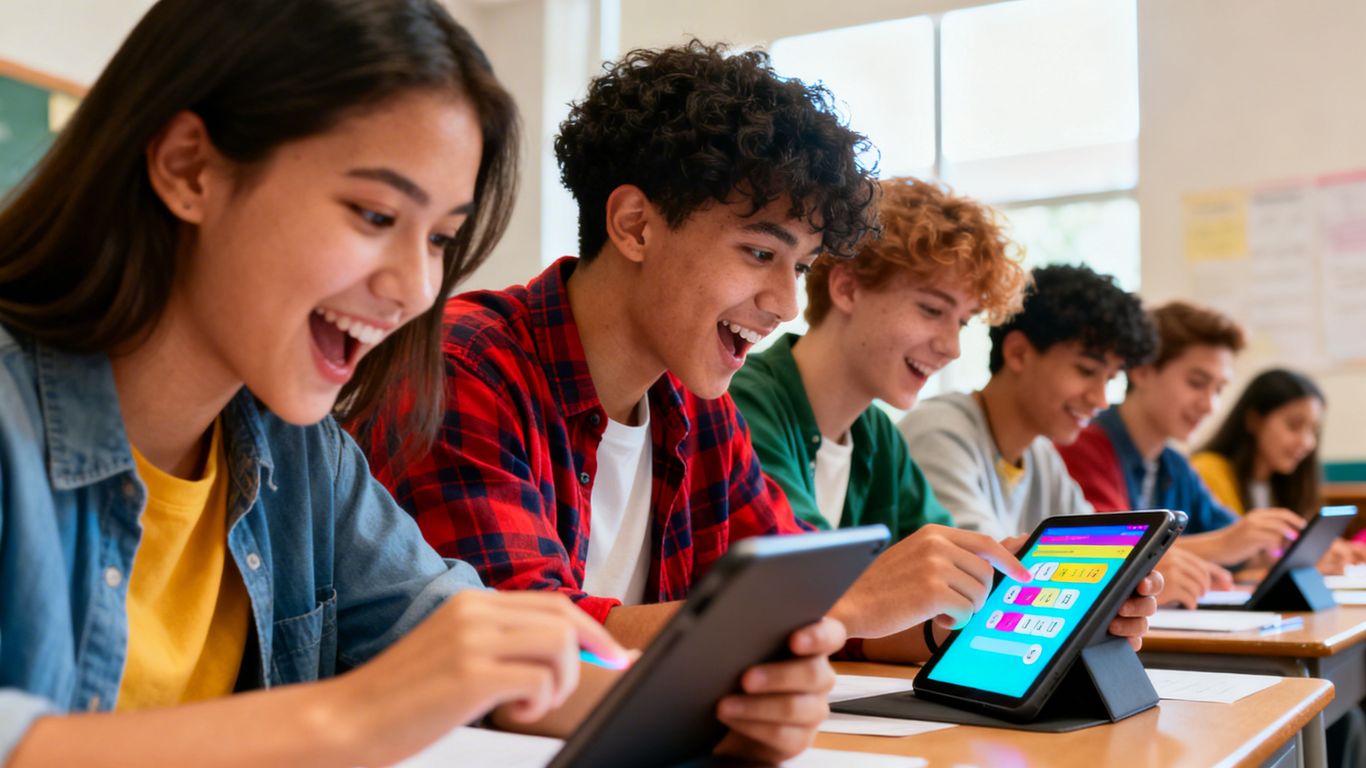 Students engaged in a quiz on digital devices.