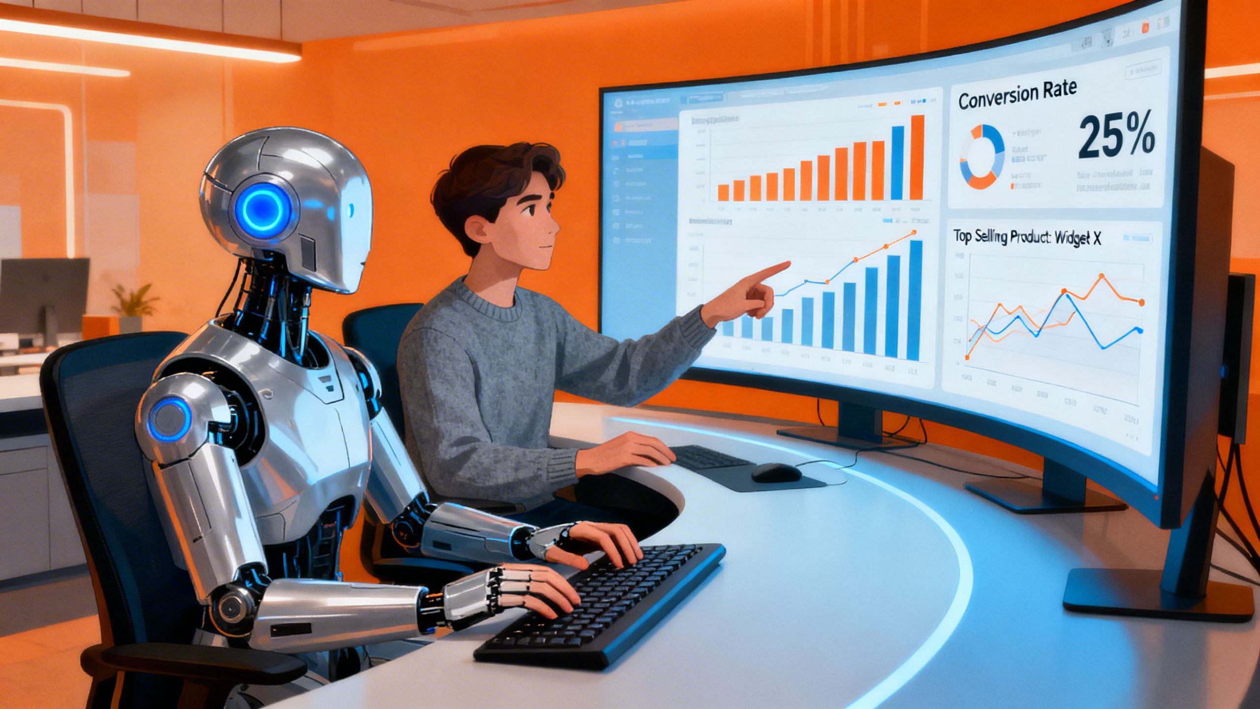 An illustration of an AI co-pilot sitting next to an eCommerce seller at a command center, pointing at a screen with insightful data and helping them make decisions.
