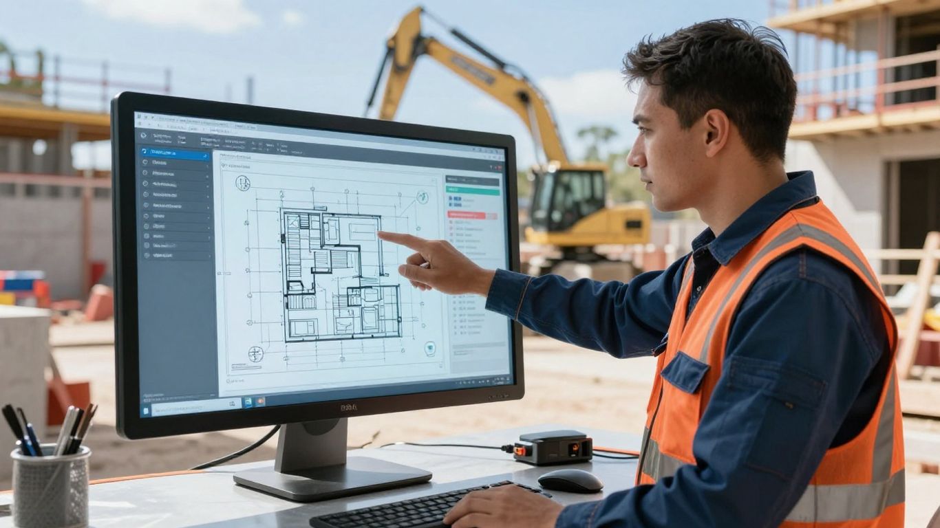 Tradie using AI technology on a construction site.