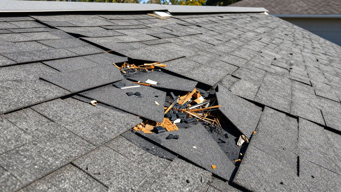Storm damaged roof with missing shingles and debris.