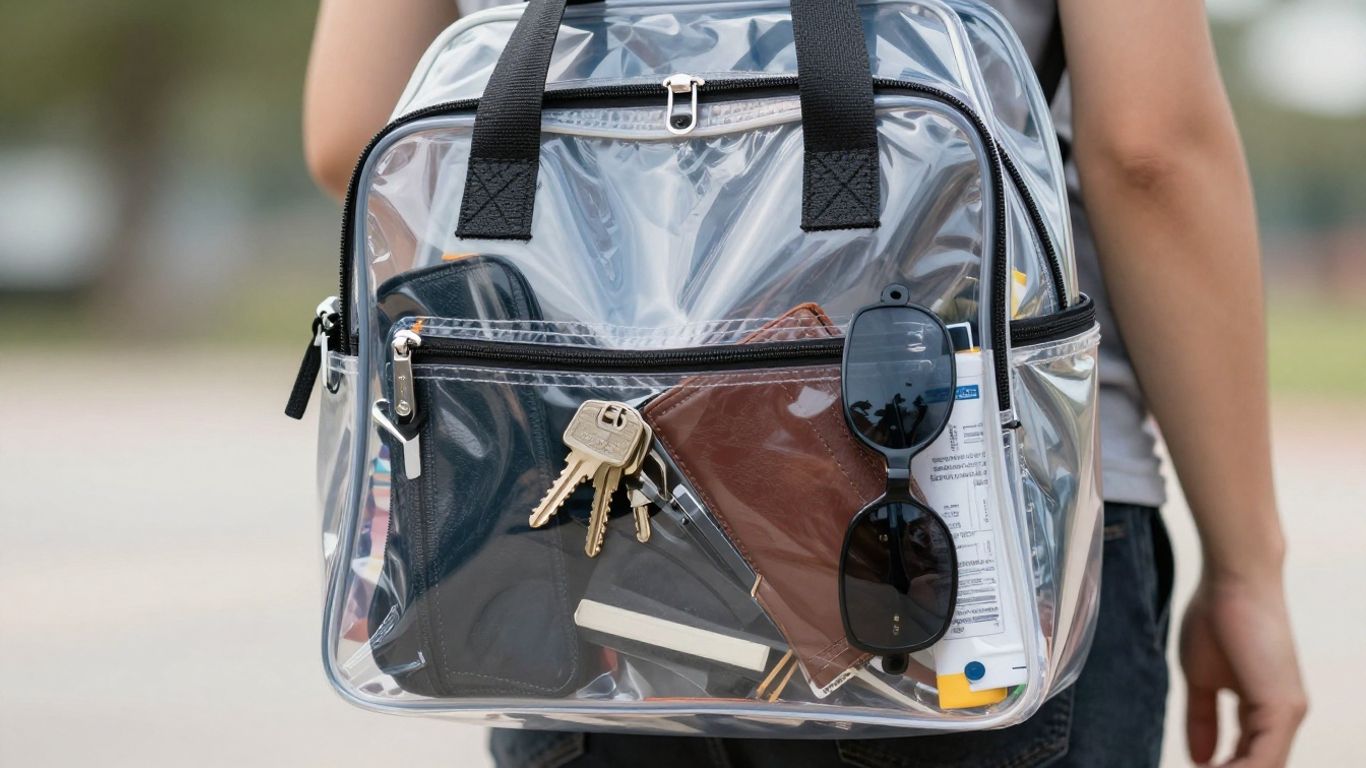 Sac de stade transparent avec l'essentiel à l'intérieur.