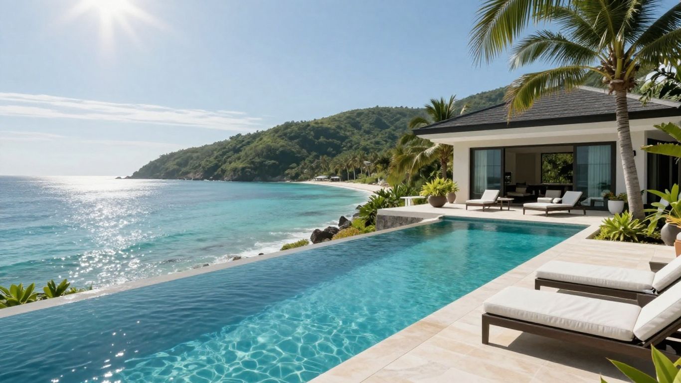 Luxury villa with infinity pool overlooking tropical ocean.