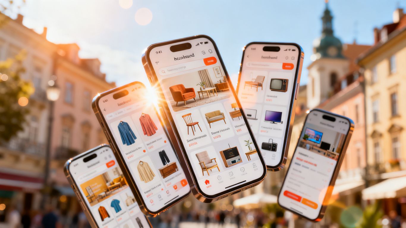 Collage of secondhand shopping apps on phones.