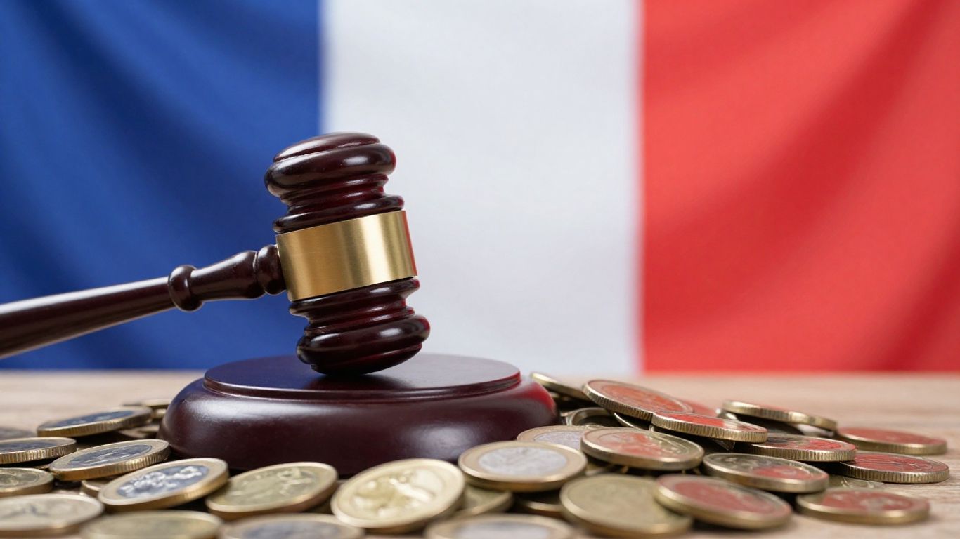 Marteau de juge frappant des pièces, drapeau français.