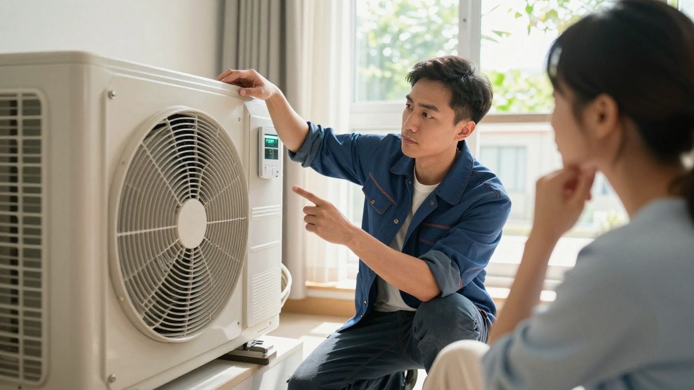 Homeowner and technician considering AC repair or replacement.