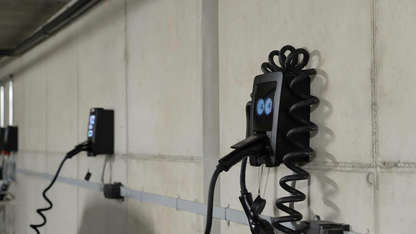 Electric car charging stations mounted on wall