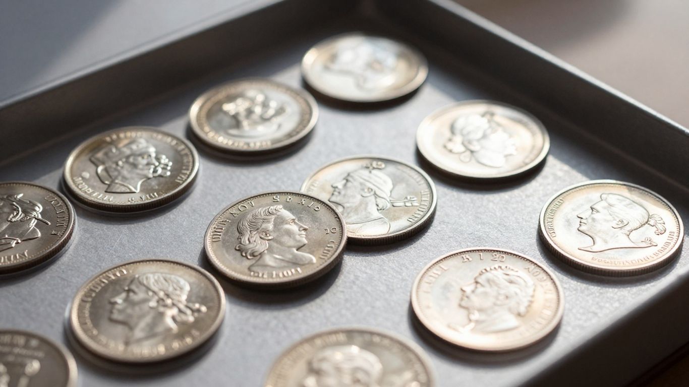 Silver coins in protective storage, highlighting their value.