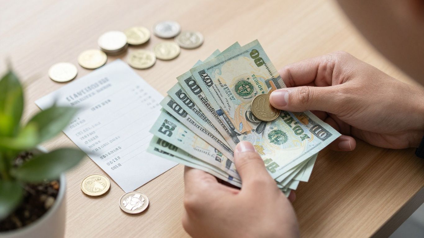 Persona revisando facturas y monedas para presupuesto.