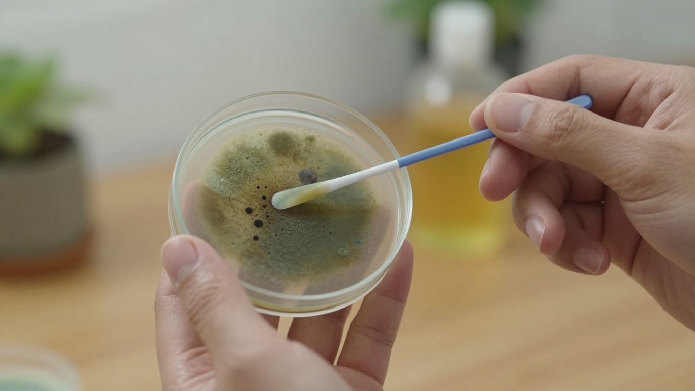 Hands holding a DIY mold test kit with mold growth.