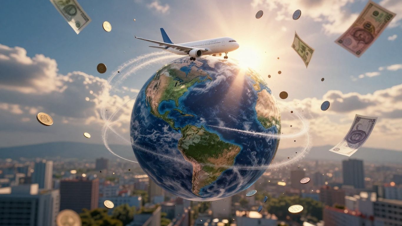 Skyscanner flight deals globe with falling money and airplanes.