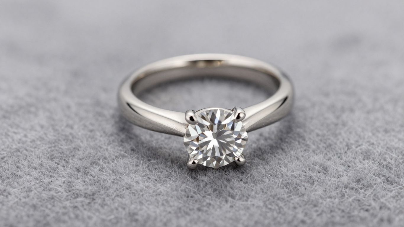 A close-up photograph of a platinum engagement ring placed on a textured velvet surface, emphasizing the metallic finish and light reflection.