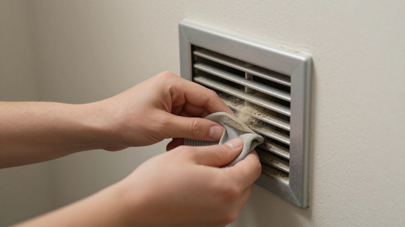 Hands cleaning dust from a home air vent.