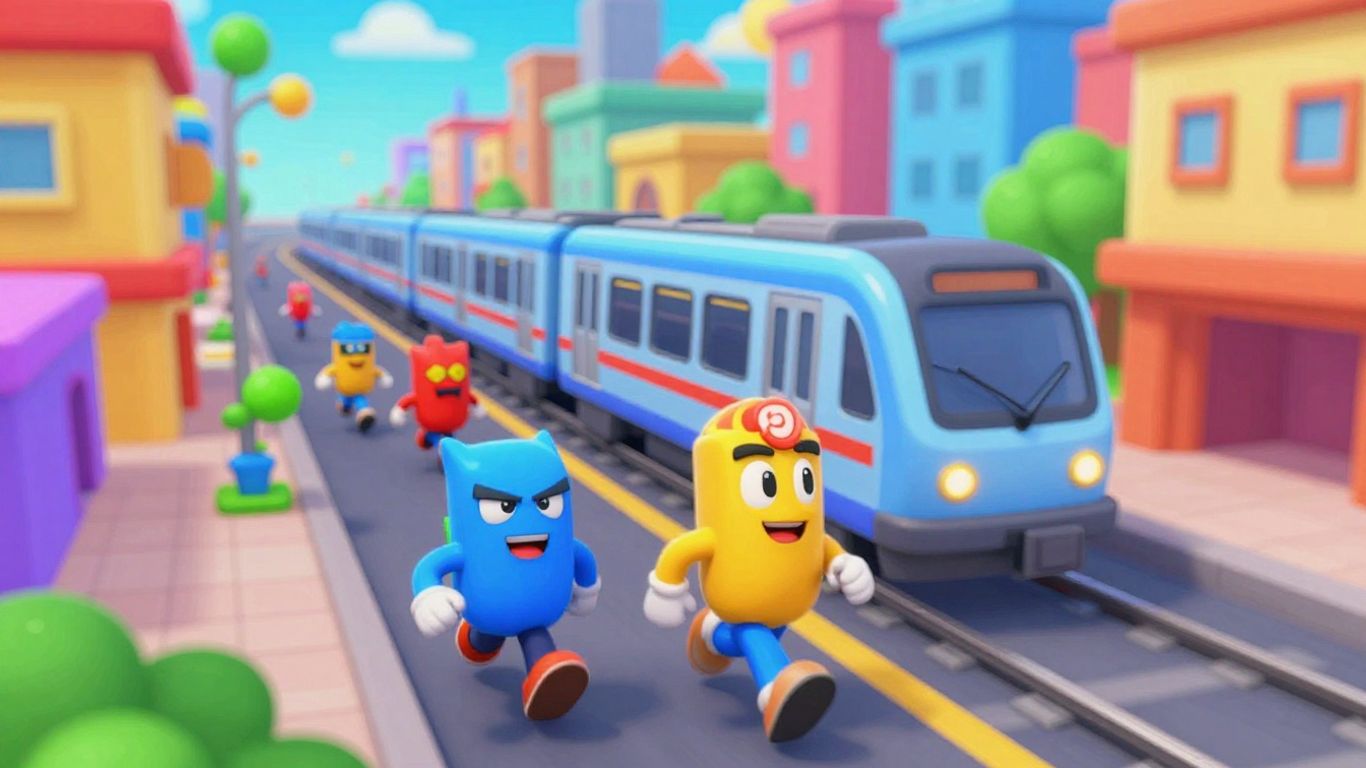 Subway Surfers characters running through a colorful city.