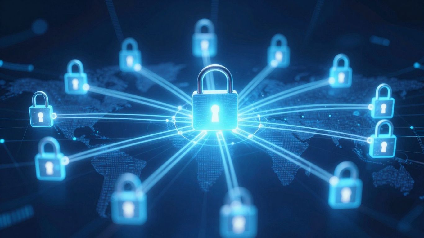 Digital padlock on a network, illustrating crypto track-and-trace.