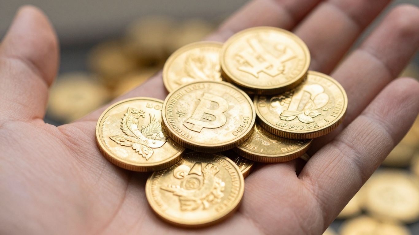 Main d'une personne tenant des pièces et des lingots d'or.